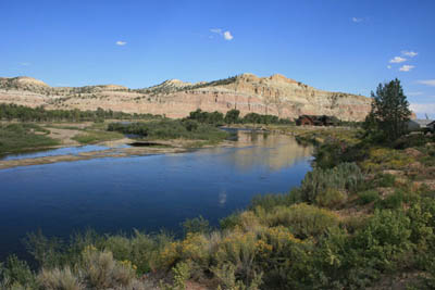 Scenic view overlooking the Green River. Striped red bluffs in the background. Photo by Dawn Ballou, Pinedale Online!